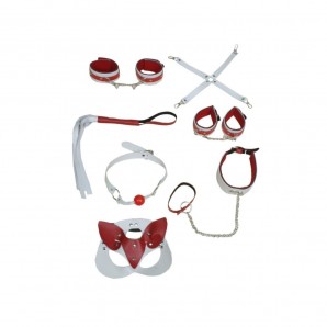 7 Parça Fetiş Esaret Seti Kırmızı Beyaz Kedi Maskeli 1