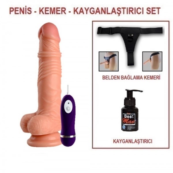 19 cm Belden Bağlamalı Titreşimli Realistik Dildo Penis Set
