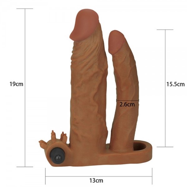 5 cm Uzatmalı Çiftli İçi Boş Titreşimli 19 cm Çatal Dildo Melez Penis Kılıfı 