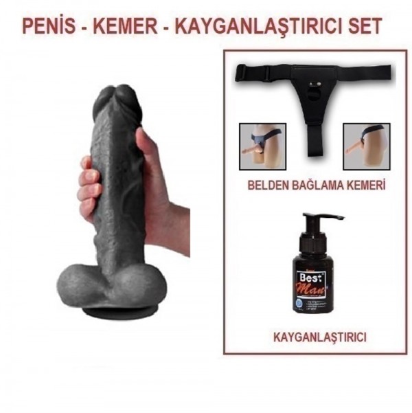 27 cm Belden Bağlamalı Realistik Dildo Zenci Penis Set
